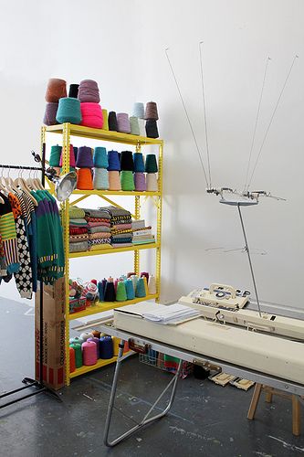 Knitting Studio Space, Knitting Workspace, Knitting Studio, Yellow Storage, Knitting Room, Machine Knit, Studio Spaces, Knitting Machines, Knitting Machine Patterns