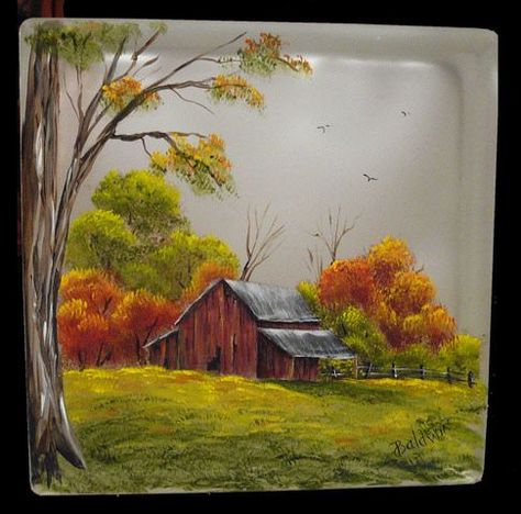 Fall Scene Acrylic Painting, Fall Barn Painting, Fall Scenes To Paint, Art Landscape Ideas, Painted Glass Blocks, Fall Landscape Painting, Glass Block Crafts, Auto Paint, Barn Pictures