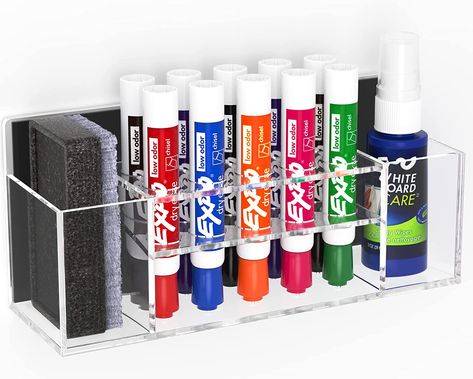 MORE STORAGE: Used on marker board walls in conference rooms, our whiteboard markers holder can easily attach to the wall. It uses very minimal space but fits 1 eraser, 1 whiteboard cleaner and 10 markers. EASY TO WALL MOUNT: Practical for teachers, you can clearly know where your whiteboard supplies are. This works great to keep my dry erase markers and eraser within reach of the whiteboard. Whiteboard Marker Holder, Dry Erase Marker Holder, Marker Holder, Fridge Accessories, Marker Board, Úložný Box, Whiteboard Marker, Dish Rack Drying, Storage Supplies