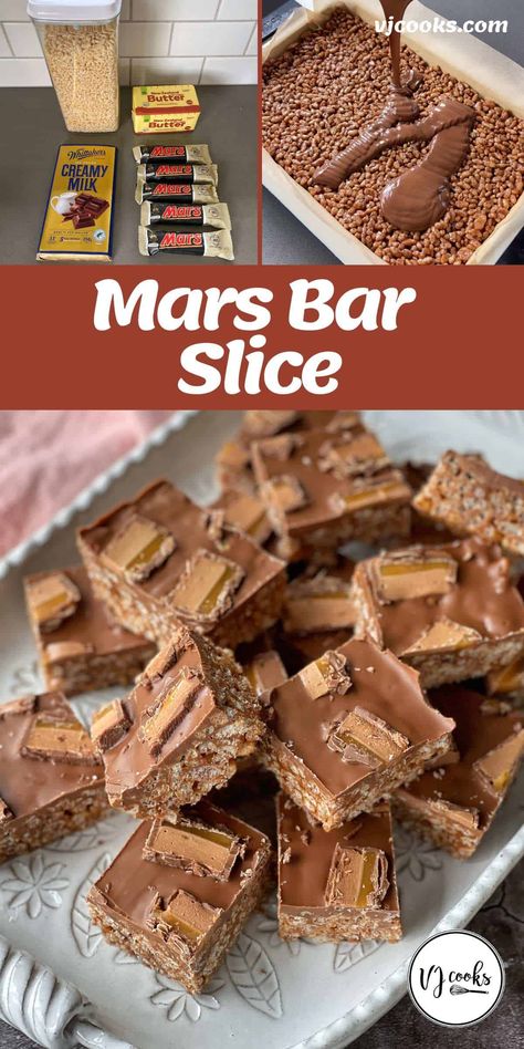 This super easy no-bake slice is perfect for a shared morning tea or to pop into lunchboxes. Made with Mars Bars, butter, rice bubbles and milk chocolate, it's a deliciously indulgent sweet treat. #vjcooks #nobake #chocolateslice #morningtea #lunchbox #sweettreat Mars Bar Slice Recipe, Rice Bubbles Recipes, Lunchbox Baking, Rice Bubble Slice, Marshmallow Slice, Chocolate Weetbix Slice, Christmas No Bake Treats, Mars Bar Slice, Cakes Slices