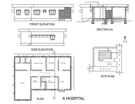 plan elevation and section of a small hospital with detailed specifications of drawing a project work hospital with all facilities of all hospital equipment. Plan Elevation Section Of House, Small Hospital Plan, Small Hospital Floor Plan, Plan Section Elevation Drawings, Small Hospital Design, Hospital Plan Design, Small Hospital Design Architecture, Hospital Plan, Small Hospital