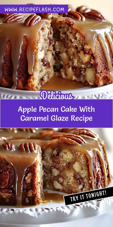 Indulge in a slice of Apple Pecan Cake with Caramel Glaze! This moist dessert blends sweet apples and crunchy pecans, all topped with a rich caramel drizzle. Perfect for gatherings or a cozy night in, this cake is a must-try for any dessert lover. Bake your new favorite treat today! Apple And Cream Cheese Bundt Cake With Carmel Pecan Topping, Caramel Apple Crumb Cake, Apple Cake Glaze, Recipes With Pecans Dessert, Apple Pecan Cake, Caramel Glaze Recipe, Cake With Pecans, Apple Bundt Cake Recipes, Cream Cheese Bundt Cake