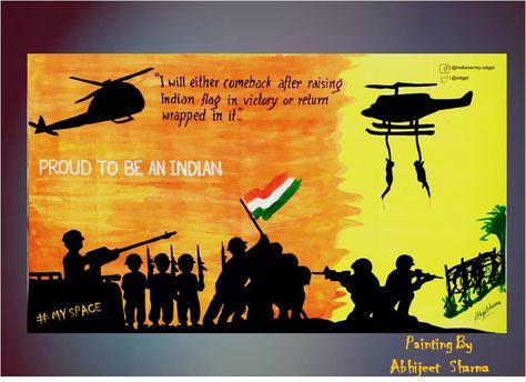 Kargil Vijay Diwas Painting, Patriotism Drawing, Teachers Day Drawing, Kargil Vijay Diwas, Remembrance Day Art, Army Drawing, Independence Day Drawing, Vijay Diwas, Poster Rangoli