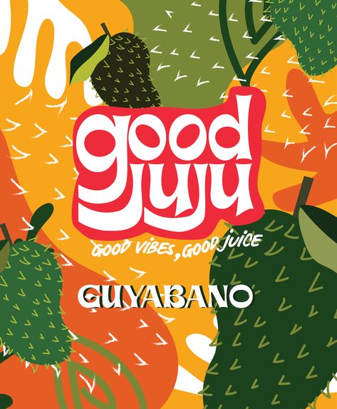 Good Juju is a local juice company that offers three unique local and tropical flavors namely - guyabano, mangosteen, and pineapple. The logo uses red, white, and yellow as they are bright colors that work well with other secondary colors. I started by drawing the fruit flavors since not everyone is familiar with the fruits for this brand. This way you can show the flavor in visual form as well as give the drinkers an idea of what the fruit looked like. Fruit Company Logo, Smoothie Branding, Fruit Juice Logo, Fruit Advertising, Tropical Graphic Design, Label Layout, Fruit Juice Packaging, Juice Logo, Juice Shop