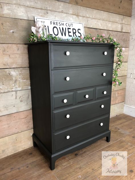 Bedroom Black Dresser, Drawers Upcycle, Chest Of Drawers Upcycle, Flipped Furniture, Stag Minstrel, Stag Furniture, Black Chest Of Drawers, Tallboy Chest Of Drawers, Black Dresser