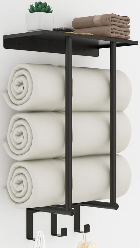 PRICES MAY VARY. Perfect Towel Storage for Small Bathroom: Multifunctional wall towel racks for bathroom with Shelf and 3 Hooks, provide you plenty of room to organize towels and other bath items, save space and keep bathroom organized New Upgrade with 3 Hooks: There are three hooks below, the dry and wet towels can be stored separately, which can be used to hang washcloths, clothes, bath balls, etc. Bathroom towel storage Shelf: Towel rack wall mounted with top shelf, increases the space for mo Organize Towels, Towel Racks For Bathroom, Bathroom Vibes, Rolled Towels, Wall Towel Racks, Bathroom Towel Storage, Towel Hangers For Bathroom, Toilet Paper Holder Wall, Bath Items