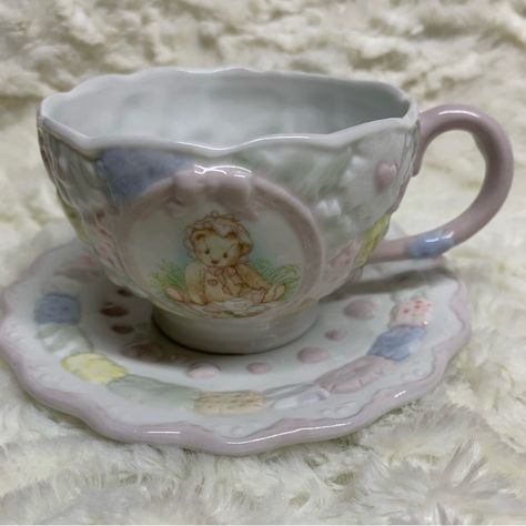 Cherished Teddies - Teacup & Saucer Porcelain Patchwork Design Teacup & Saucer Limited Edition Figurine Vintage 1994 Enesco Item # 128155 Brand New In Box Vintage Porcelain Figurines, Pink Teacup, Porcelain Decor, Woodland Cottage, Cute Teapot, Living Room Reveal, Pretty Tea Cups, Antique Tea Cups, Cherished Teddies