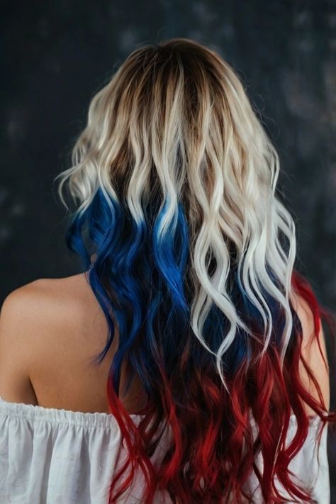 Back view of a girl with long, wavy hair featuring red, white, and blue highlights for a festive 4th of July look. Red White And Blue Hairstyles, White And Blue Highlights, Patriotic Hairstyles, Red And Blue Hair, Red White And Blue Hair, White And Blue Hair, Color Melting Hair, Blue Hair Highlights, Blue Highlights