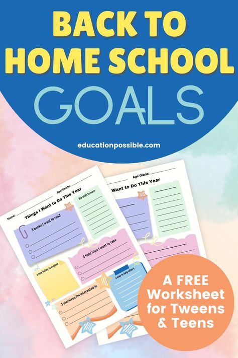 A new school year is the perfect time to work on the important life skill of goal setting. A helpful tool older kids can use to identify and track their goals is this FREE Back to Home School Goals Worksheet. On it, they can identify their goals for the year and things they're interested in. Use it to make a homeschooling plan for your middle schoolers. It's a great way to choose some electives for them. Download yours now! Back To School Goals, Homeschool Goals, Planning School, Goals Printable, Teaching Life Skills, Homeschool Lesson Plans, School Goals, Goals Worksheet, High School Kids