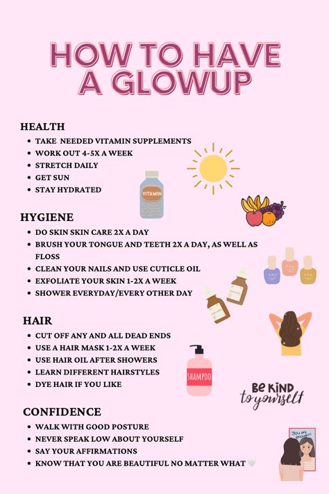 Looking to glow up? Here’s a great list to help you out with some ideas. There are some ideas to help you with your confidence, health, hygiene, and hair care. Tips For Girls Self Care, Hair Glow Up Tips, Hair Glow Up, Glowup Tips, Cold Showers, Room Checklist, Motivational Tips, Body Tips, Beach Instagram Pictures