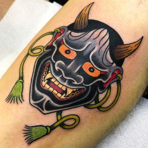 Hannya mask for Cody’s thigh thanks mate #hannyamask #japanesetattoo . Done using @tatsoul #tatsoulsupply #envyneedles #wrathnexus Hanya Mask Tattoo, Hannya Maske, Mascara Oni, Japanese Mask Tattoo, Oni Mask Tattoo, Tato Tradisional, Oni Tattoo, Hannya Mask Tattoo, Tattoo Thigh