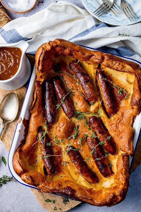 Red Onion Gravy, Parboiled Potatoes, Yorkshire Pudding Batter, English Dishes, British Foods, Pork Sausages, Yorkshire Pudding Recipes, Hp Sauce, Mustard Powder