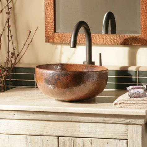 Copper Vessel Sinks, Copper Sink Bathroom, Bathroom Sink Decor, Stone Vessel Sinks, Copper Bath, Copper Vessel, Copper Bathroom, Designer Bathroom, Bath Sinks