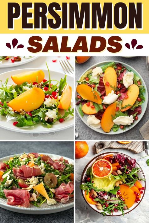 These persimmon salads are fresh, colorful, and so good! From arugula to fruits to kale, these combos are impossible to resist. Salad With Persimmons, Persimmon Salad Recipe, Barata Salad, Persimmon Salad, Salads Easy, Persimmon Recipes, Pistachio Salad, Unique Salad, Persimmon Fruit