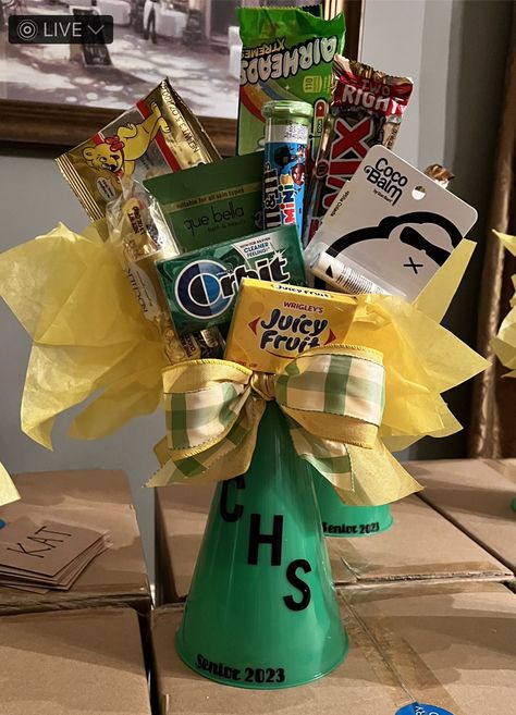 Cheerleaders Gifts Ideas, 8th Grade Cheer Night Gifts, Cheer Megaphone Candy Bouquet, Cheer Banquet Gifts Ideas, Cheer Gifts For Seniors, Cheer Senior Night Gifts Baskets Ideas, 8th Grade Cheer Night, 8th Grade Night Cheer Gifts, Senior Cheerleader Gift Ideas