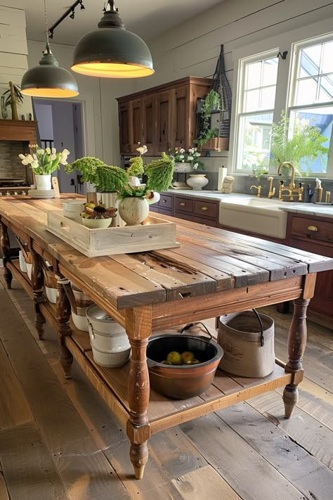 Gather in Style: Farmhouse Kitchen Island Table Ideas - Quiet Minimal Kitchen Island Ideas Using Old Furniture, Built Kitchen Island, Work Table Island, Fold Out Kitchen Island, Wooden Island Table, Kitchen Island Or Table, Kitchen With Movable Island, Diy Wooden Kitchen Island, Diy Farmhouse Island Kitchen