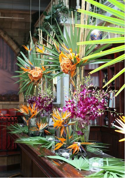 Flower arrangements. | #cuban #events #weddings #decor #flowers #authentic #food #drink Havana Nights Theme, Tropical Arrangements, Havana Party, Havana Nights Party, Decoration Buffet, Flowers Tropical, Fiesta Tropical, Havana Nights, Hawaiian Party