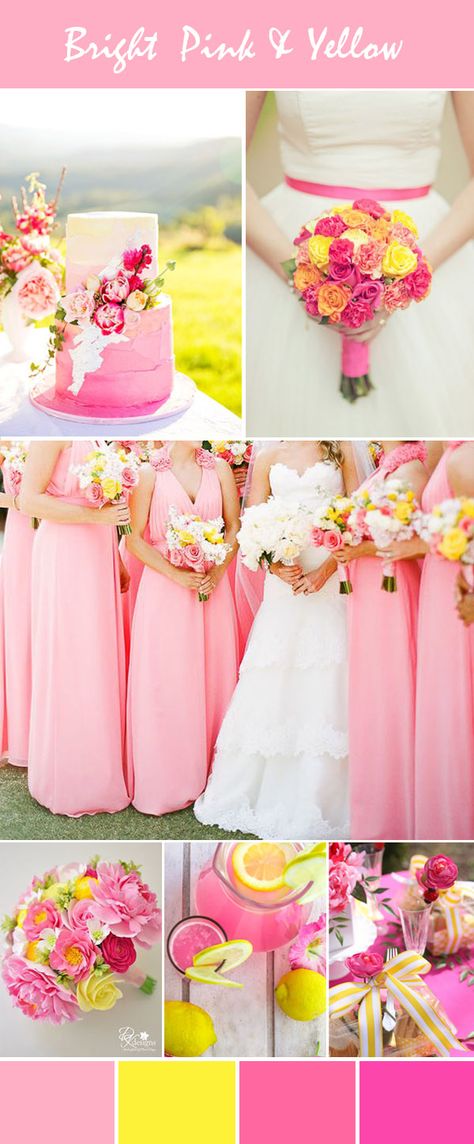 elegant bright pink and yellow wedding inspiration Pink And Yellow Wedding, Pink Yellow Weddings, Bright Pink Wedding, Yellow Wedding Colors, Yellow Wedding Inspiration, Bright Wedding Colors, Yellow Wedding Theme, Wedding Color Scheme, Wedding Color Combinations