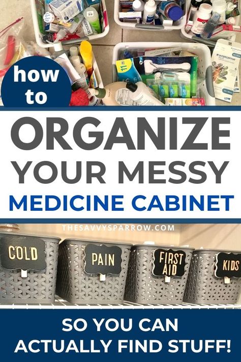 Learn how to organize your medicine cabinet in just a few simple steps!  Use some of these category ideas for medicines, ointments, and toiletries to organize stuff so you can actually find it!  You can use these easy organization ideas for bathrooms, linen closets, and laundry rooms too! And learn how to make labels for storage bins without a Cricut or vinyl! Medication Organization Storage, Medicine Cabinet Makeover, Medicine Cabinet Organization, Medication Organization, Medication Storage, Medicine Organization, Medicine Storage, Linen Closet Organization, Organisation Hacks