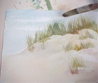 Painting Sand and Beach Grass in Watercolor.  Another great visual tutorial. Misty Watercolor, Painting Sand, Ocean Watercolor, Watercolour Techniques, Aquarelle Painting, Footprints In The Sand, Beach Grass, Watercolor Tips, Paint Nite