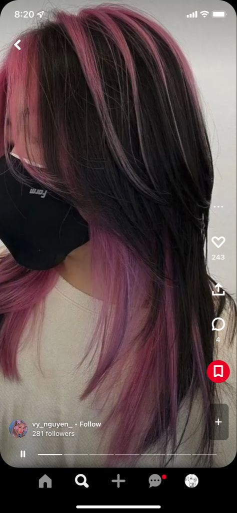 Dye Jobs For Dark Hair, Pink Purple Hair Streaks, Chunky Green Highlights In Black Hair, Dark Green Chunky Highlights, Pink Chunky Highlights In Black Hair, Pink And Blonde Highlights In Black Hair, Purple Stripes Hair, Pink Black And Blonde Hair, Pink Streaks In Black Hair