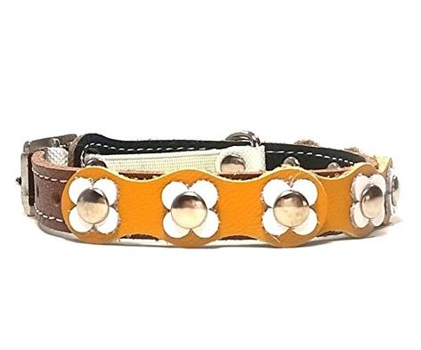 Designer Leather Cat Collar with Safety Elastic - Flower-Power with Brown Yellow White >>> More info could be found at the image url. (This is an affiliate link) #CatCollarsHarnessesandLeads Cat Magazine, Cat Tags Collar, Cat Leash, Kitten Collars, Cute Flowers, Cat Harness, Cat Parenting, Modern Cat, Unique Cats