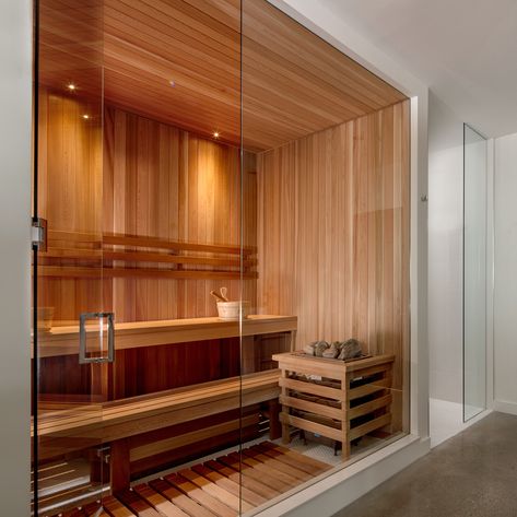 This modern bathroom is designed with a built in sauna using cedar cladding and full height glass enclosure.  By: Trevor McIvor Architect  #modernbathroomdesign #sauna #muskokacottage #modernbathroom Nordic Sauna, Basement Sauna, Wellness Bathroom, Sauna Bathroom Design, Sauna Bathroom, Home Spa Room, Sauna Diy, Indoor Sauna, Cedar Cladding