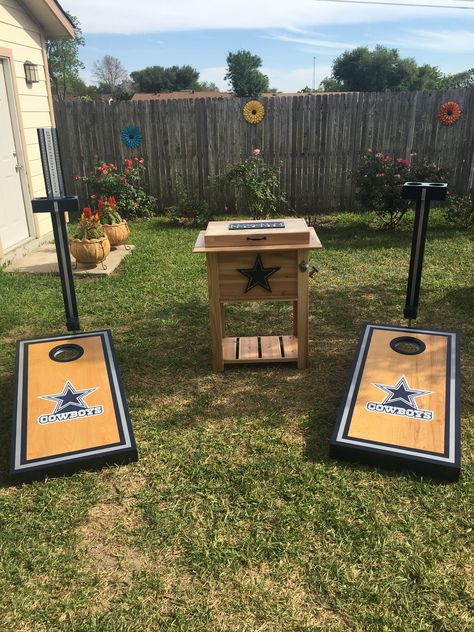 Dallas Cowboys Cornhole Boards Designs, Dallas Cowboys Cornhole Boards, Wood Cooler, Outdoor Hobbies, Diy Cornhole Boards, Dallas Cowboys Decor, Cornhole Boards Designs, Corn Hole Diy, Cornhole Designs