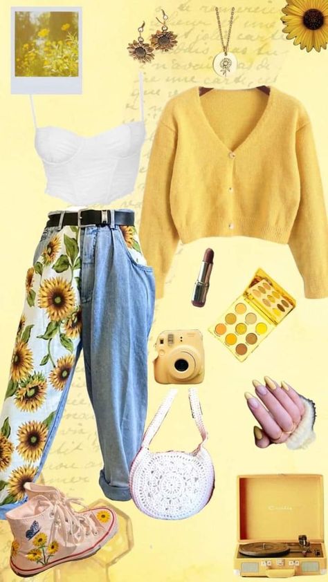 Sunflower Aesthetic Clothes, Sunny Aesthetic Outfits, Sunflower Outfit Ideas, Cottagecore Outfits With Jeans, Sunflower Inspired Outfit, Sunflower Aesthetic Outfit, Cottagecore Aesthetic Clothing, Warm Spring Outfit Ideas, Honey Core Outfits