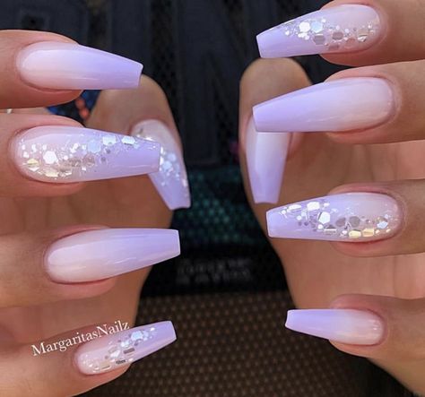 Bday Nails Ideas Coffin, Ombre Coffin, Prom Nail Designs, Cut Nails, Coffin Nail Designs, Silver Glitter Nails, Purple Acrylic Nails, Nails Yellow, Lavender Nails