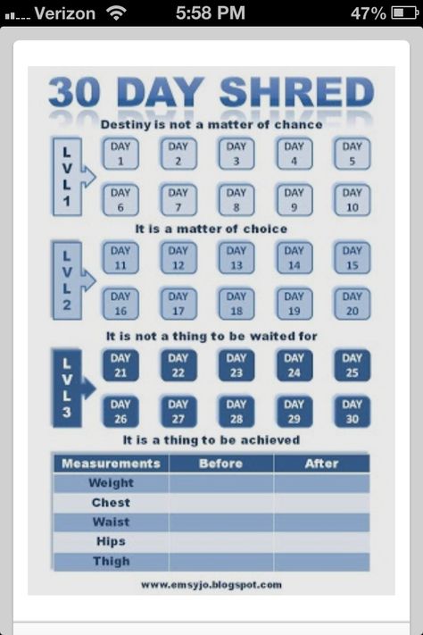 30 day shred tracking chart 30 Day Shred, Jillian Michaels, Body Training, 30 Day Challenge, I Work Out, Get In Shape, Workout Challenge, Fitness Diet, Get Healthy