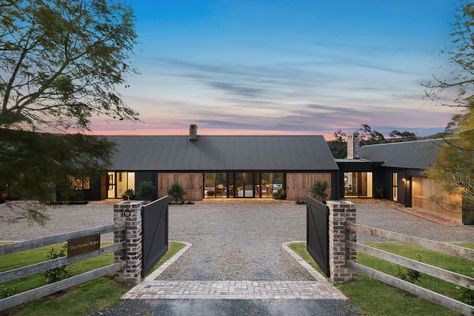 Timber Divider Wall, Acreage Homes, Electric Gate, Modern Barn House, Rural Living, Timber Beams, H Design, Open Fireplace, Exterior Makeover