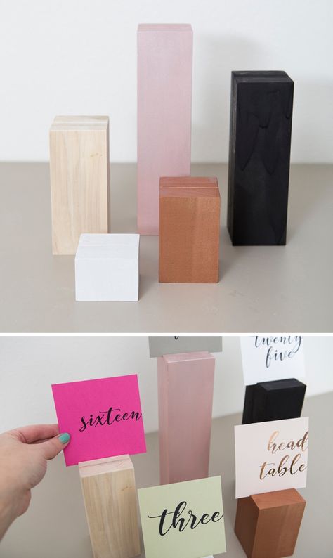 We're LOVING These DIY Wood Block Table Number Stands! Wedding Table Number Stands, Diy Table Number Holders, Table Numbers Wedding Wood, Diy Table Cards, Wooden Table Number Signs, Table Number Wood, Wood Block Table, Wood Block Table Numbers, Table Numbers Wood