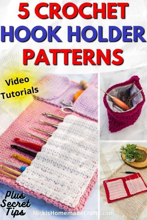 Learn how to crochet with 5 Crochet Hook Holder Patterns. Amazing Crochet Ideas for a weekend project even if you are a beginner. You will find a Crochet Hook Storage Solution from a small crochet bag, pouch, or a case that will serce you as a crochet hook holder. Video tutorials are included with eact pattern. Learn more about all things crochet with step-by-step video tutorials at nickishomemadecrafts.com Hook Storage Ideas, Crochet Bag Pouch, Crochet Hook Holder Pattern, Crochet Hook Case Free Pattern, Crochet Hooks Case, Crochet Hook Case Pattern, Small Crochet Bag, Crochet Hook Bag, Crochet Hook Storage