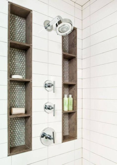 25 Best Built-in Bathroom Shelf and Storage Ideas for 2024 Shower Shelf Built In, Shower With Built In Shelves, Shower Shelf Ideas Built Ins, Built In Shower Shelves, Rustic Bathroom Shelf, Shelf Decor Farmhouse, Unique Shelving, Bathroom Shelf Decor, Shelving Storage