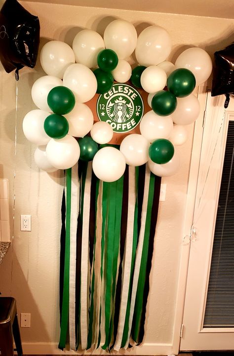 Star Bucks Themed Party, Starbucks Birthday Theme, Starbucks Balloon Decorations, Starbucks Balloons, Starbucks Party Decorations, Frappy Birthday, Starbucks Theme, Starbucks Birthday Party, 12th Birthday Party Ideas