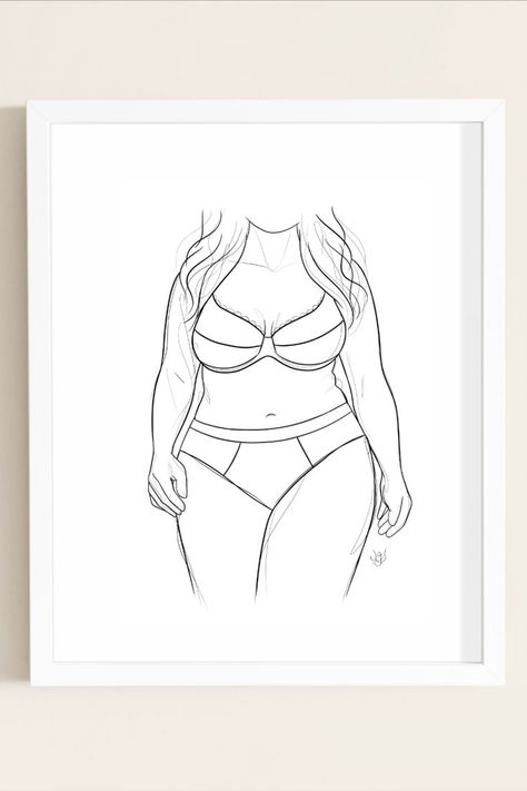 Beautiful plus size body in lingerie, blakc line art drawing, minimal decor, printable wall art. #bodypositive #plussize #minimalism Plus Size Line Drawing, Plus Size Silloute Art, Plus Size Silhouette Tattoo, Plus Size Body Sketch, Chubby Pinup Tattoo, Plus Size Silhouette Art, Plus Size Drawing Sketches, Chubby Face Drawing, Chubby Body Drawing