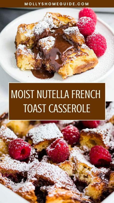 Indulge in a delicious breakfast treat with this Nutella French Toast Casserole recipe. The perfect blend of flavors and textures, this casserole is sure to satisfy your sweet tooth and impress your brunch guests. Made with simple ingredients and easy to prepare, it's a great option for special occasions or lazy weekends. Treat yourself to a slice of warm, gooey goodness that captures the essence of comfort food at its best. Nutella French Toast Bake, Nutella Casserole, Sweet Casseroles For Breakfast, Coffee Cake French Toast Casserole, Fruity Breakfast Casserole, Nutella French Toast Casserole, Churro French Toast Casserole, Cinnamon Bread French Toast Casserole, Freezer French Toast Casserole