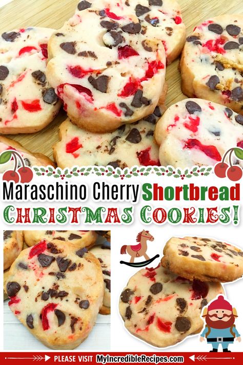 Maraschino Cherry Shortbread... - Incredible Recipes Maraschino Cherry Chocolate Chip Cookies, Maraschino Cherry Recipes, Shortbread Christmas Cookies, Maraschino Cherries Recipes, Cherry Shortbread, Christmas Shortbread Cookies, Shortbread Christmas, Shortbread Cookies Christmas, Christmas Shortbread