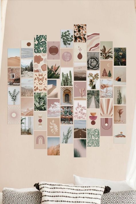 Pinterest Wall Decor Ideas, Aesthetic Wall In Room, Wall Collage Kit Ideas, Wall With Pictures Aesthetic, Wall Decor Ideas For Bedroom Aesthetic, Wall Collage Set Up, Bedroom Wall Picture Ideas, Boho Photo Collage Wall, Aesthetic Photo Wall Ideas