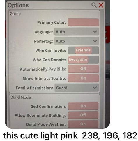 Bloxburg Color Codes Pastel, Pink Color Codes For Bloxburg, Color Code For Bloxburg, Bloxburg Settings Color Codes, Custom Colors Bloxburg, Light Pink Bloxburg Primary Color, Bloxburg Color Codes Rgb, Diy Hello Kitty, Bloxburg Building