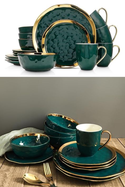 16 Piece Dinnerware Set – Modern green porcelain dining sets. Includes 4 round dinner plates, 4 salad plates, 4 bowls and 4 mugs. Green and Gold Set For 4 – 4 complete sets perfect for entertaining family and friends. Green with a gold trim. Elegant and regal plates, bowls and cups. These home essentials are the ideal kitchen dishes. Round Plates, Bowls, Mugs – This elegant 16 piece dish set comes with 10” dinner plates, 7.5” salad plates, 4.5” bowls and 12 oz. mugs. Dinnerware Set Modern, Kitchen Dishes, Family Entertainment, Dish Sets, Kitchen Items, Gold Set, Salad Plates, Dinnerware Set, Dining Set