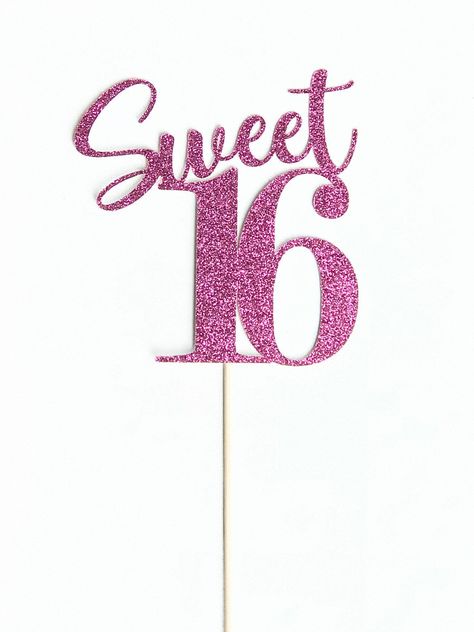 "This listing is for a fun \"Sweet 16\" cake topper!  Perfect finishing touch on top of a birthday cake! The cake topper is made from premium single-sided glitter cardstock. The approximate measurements of the design are 5\" in height and 4.5\" width. When you receive your package please take great care in opening as the cake topper can be torn if not properly cared for. Questions? Send me a message!" Sweet Sixteen Cake Topper, Sweet 16 Cake Topper, 16 Cake Topper, Sweet Sixteen Cakes, Sweet 16 Cake, Sweet 16 Party Decorations, Gold Glitter Party, 16th Birthday Decorations, Sweet 16 Birthday Cake