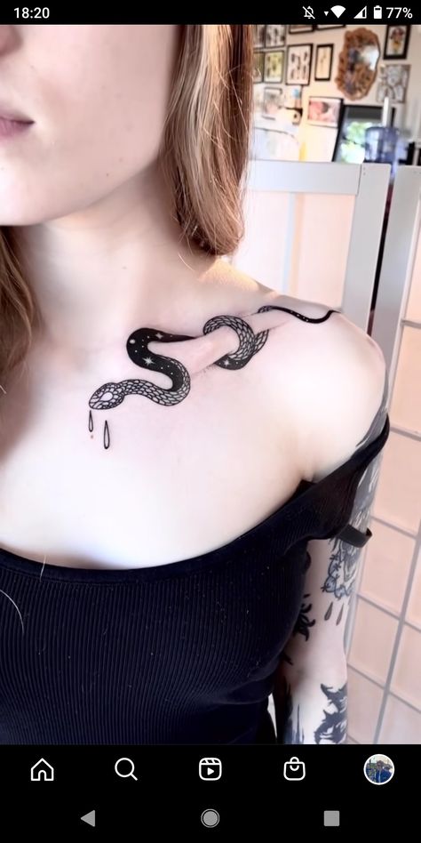 Snakes On Collar Bone Tattoo, Collarbone Wrap Tattoo, Snake Around Collar Bone Tattoo, Snake Collarbone Tattoos, Gothic Collar Bone Tattoo, Collar Bone Snake Tattoo, Snake On Collar Bone Tattoo, Snake Collarbone, Snake Collar Bone Tattoo