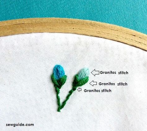 Learn to make the granitos stitch, a perfect little stitch for making small petals for embroidered flowers Embroidery Flowers Tutorial, How To Embroider Letters, Ideas For Embroidery, Birthday Embroidery, Bobble Crochet, Flowers Tutorial, Blackwork Embroidery, Contemporary Embroidery, Machine Embroidery Projects