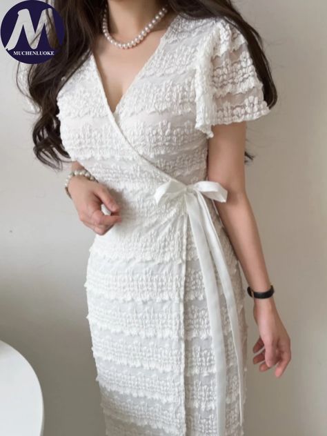 Elegant Dresses for Women Summer New Sexy Crochet Flower Short Sleeve V Neck Dress Fashion Slim Fit Kawr Design, Hanbok Wedding, Simple Frock Design, Tailored Fashion, Bride Dress Simple, Casual Work Outfits Women, Simple Frocks, Fashion Baby Girl Outfits, Elegant Dresses Classy