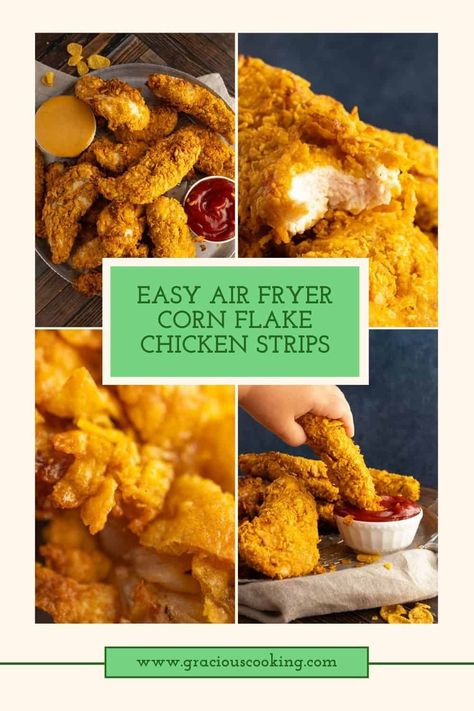 30 Minute Air Fryer Corn Flake Chicken Strips - Gracious Cooking Air Fryer Corn Flake Chicken, Crispy Chicken Tenders Air Fryer, Corn Flake Chicken, Air Fryer Chicken Strips, Chicken Tenders Air Fryer, Air Fryer Corn, Cornflake Chicken, Crusted Chicken Tenders, Corn Flake