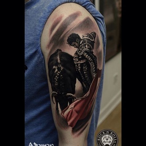 alex-pancho-matador-tattoo - Tattoo Artists Matador Tattoo Ideas, Matador Tattoo, Arm Tattos, Colorful Tattoos, Bull Painting, Pub Signs, English Tattoo, Tattoos Gallery, Realistic Art