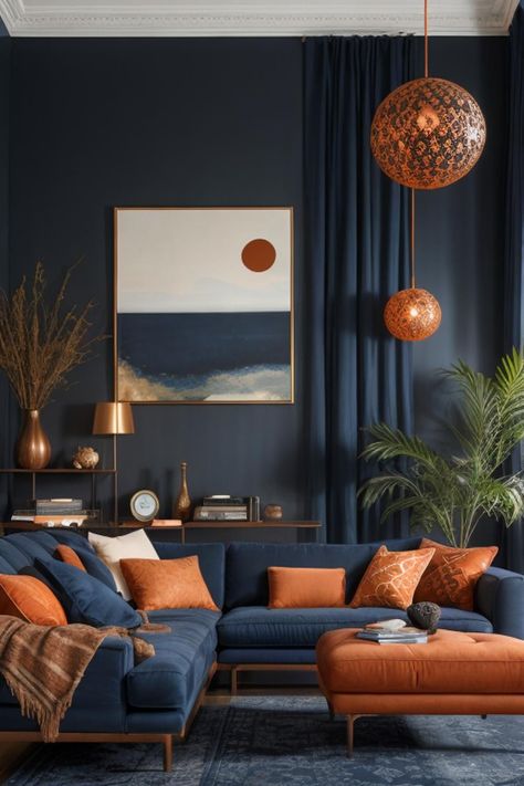 Living Room Designs Palette, Blue Couch Orange Pillows, Blue Brown And White Aesthetic, Dark Blue Orange Living Room, Blue Copper Living Room, Blue Walls Orange Curtains, Navy Blue And Orange Living Room Decorating Ideas, Navy And Orange Living Room Decor, Mustard Rust Blue Living Room