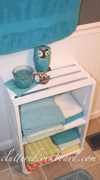 I wanted a small shelf for extra storage in our guest bathroom and I just wasn't findingan option that seemed to work. I needed something that wasn't very deep and it seemed likeeverything I liked was just not the size I wanted.When I came across wooden crates I stacked them in the store and took a photo anddecided to think about it. Crate Shelf Bathroom, Wooden Crate Diy, Crate Shelves Bathroom, Wood Crate Coffee Table, Wooden Box Shelves, Wall Bookshelves Kids, Wooden Crate Shelves, Crate Shelf, Diy Shelves Bathroom